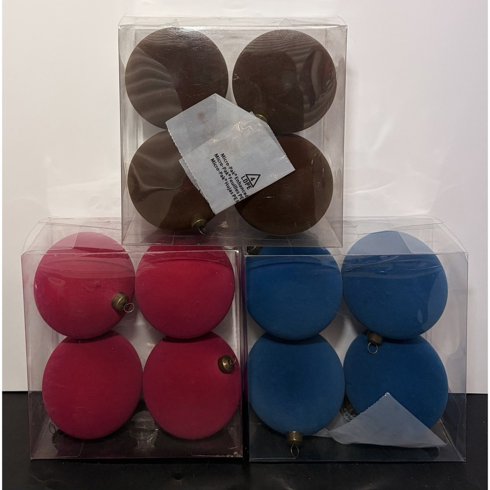 Ashland (3) 4 Pack Ball Ornaments Flocked Hot Pink Blue Brown 3.8" Shatterproof